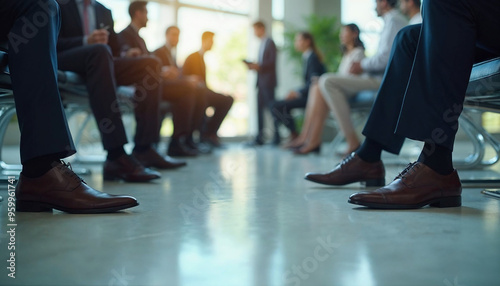 Ground-level view of polished shoes in corporate waiting area, blurred background.