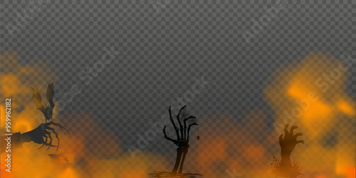 Orange fog with silhouettes of hands. Halloween decor. Vector illustration on transparent background