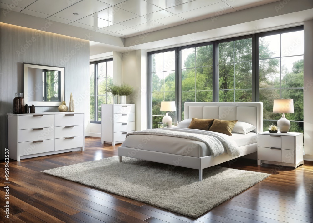 The luxurious white bedroom furniture stands out against the dark wood floors, emitting a sense of serenity and The luxurious white bedroom furniture stands out against the dark wood floors, emitting a sense of serenity and