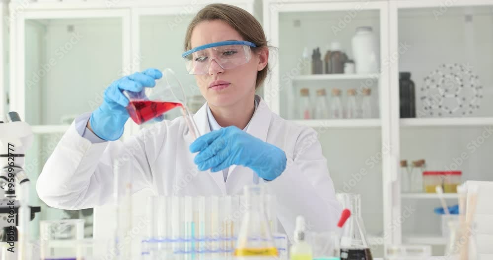 Woman scientist pours measured amount of liquid into test tube. Qualified scientist prepares red fluid for rigorous analysis slow motion