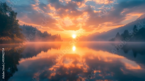 Majestic Sunrise Reflected in Tranquil Lake Symbolizes the Beauty of New Beginnings