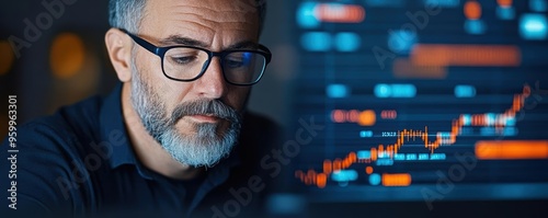 Business analyst reviewing a digital debt forecast graph with projected growth, highlighting future financial trends photo