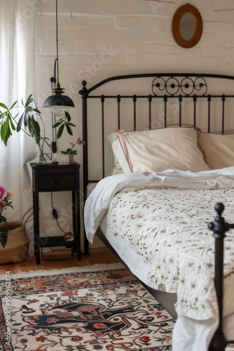 bedroom with a black metal bed frame