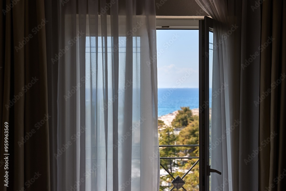 Fototapeta premium Apartment with sea view, open balcony door