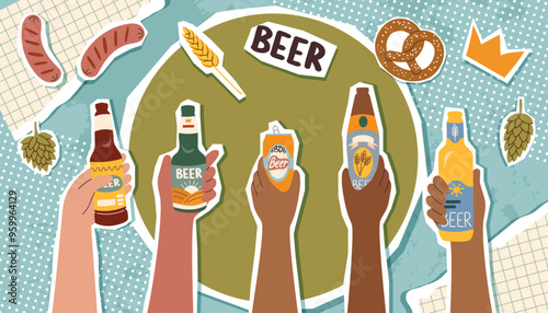 Beer festival collage in pop art style. Oktoberfest concept. Trendy vector illustration.