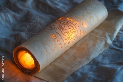 Decomposable enchanted scroll, with biodegradable parchment and organic inks, covered in mystical symbols and glowing softly