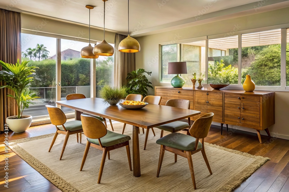 Fototapeta premium The space is brought together by a wooden dining table, adorned with chairs in rich, dark wood tones,