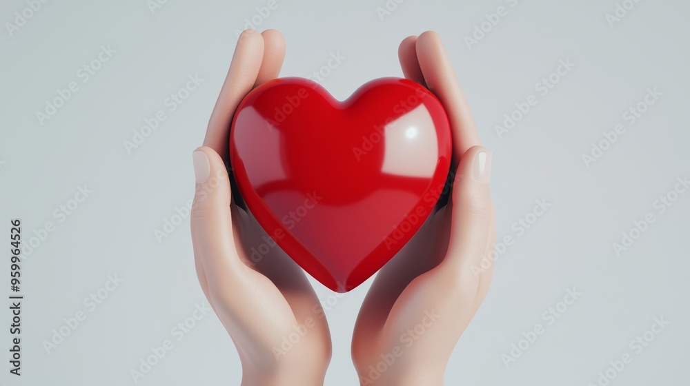 Obraz premium Red heart in open hands, symbolizing love, generosity, and well-being, 3D illustration