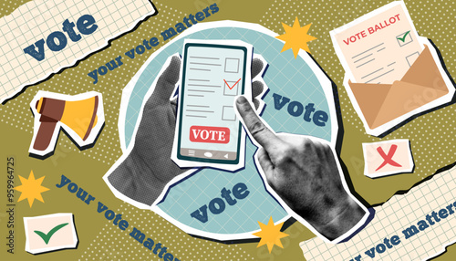 Vote collage in pop art style. Election campaign. Vote banner. Online voting concept. Democracy vote.