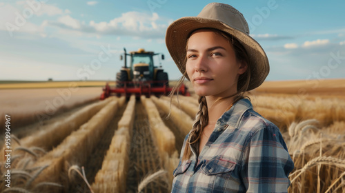 A female farmer stands in front of a harvester photo