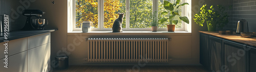 Cat on the windowsill near the radiator in the kitchen, created with Generative AI technology photo