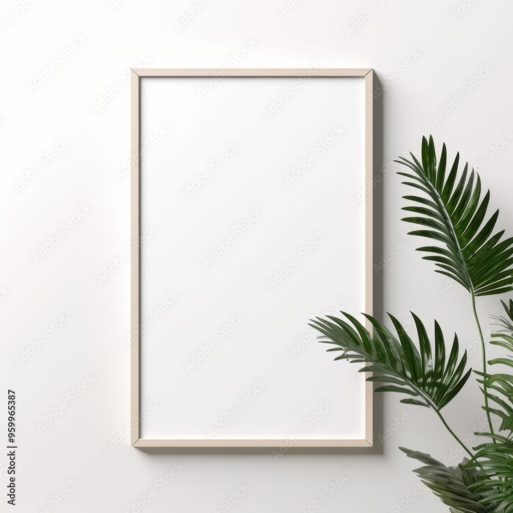 Empty picture frame mockup with a leafy plant in the corner. Perfect for showcasing artwork, photography, or design projects. Empty picture frame mockup with a leafy plant in the corner. Perfect for showcasing artwork, photography, or design projects.