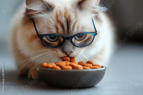 Smart cat in glasses dnacking from a grey ceramic bowl: A curious cat with thick-rimmed glasses eats from a simple bowl of dry food, its inquisitive gaze giving the scene a thoughtful vibe. photo