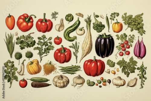Colorful variety of vegetables in vintage botanical illustration