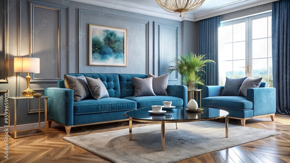This living room features two blue end tables, a plush sofa, and a modern coffee table for a This living room features two blue end tables, a plush sofa, and a modern coffee table for a