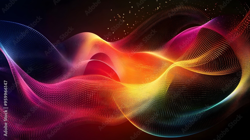 Abstract Colorful Wavy Lines and Dots on Black Background Abstract Colorful Wavy Lines and Dots on Black Background