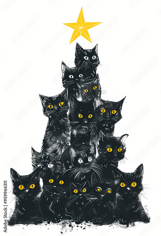 A festive gathering of black cats arranged to resemble a Christmas tree, topped with a bright yellow star A festive gathering of black cats arranged to resemble a Christmas tree, topped with a bright yellow star