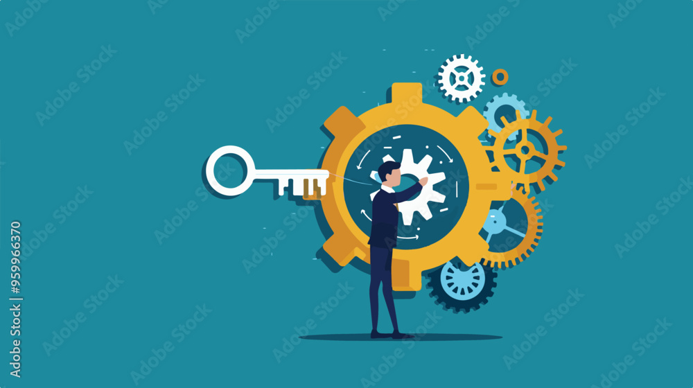 Flat vector key solution for running business projects, strategy or way to run a successful businessman opens control center using big golden key
Flat vector key solution for running business projects, strategy or way to run a successful businessman opens control center using big golden key