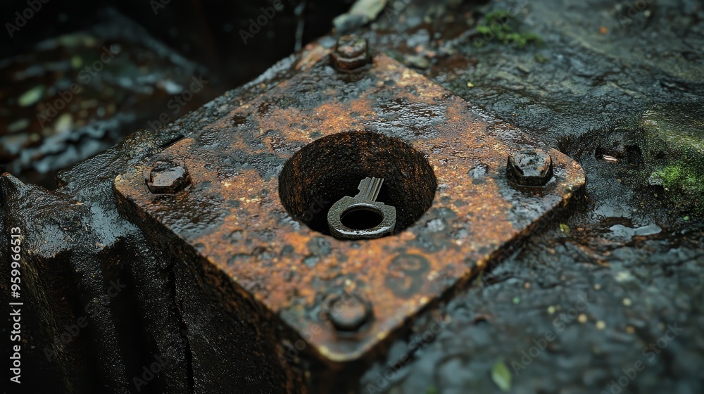 Up close display of a small keyhole locking mechanism covered in mud and surrounded by a puddle. Emphasis was placed on the elements of soil and moisture in natural outdoor environments. Up close display of a small keyhole locking mechanism covered in mud and surrounded by a puddle. Emphasis was placed on the elements of soil and moisture in natural outdoor environments.