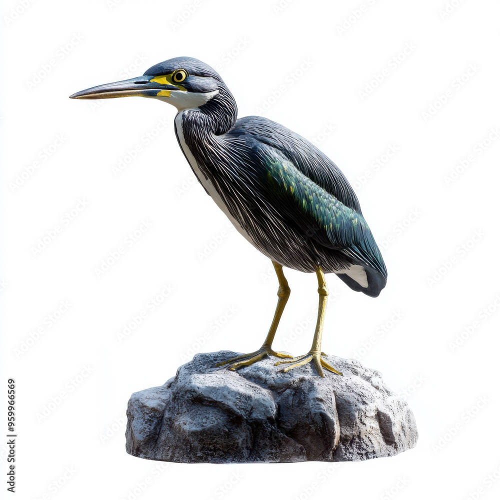 Fototapeta premium Close-up of a green heron standing on a rock, highlighting its vibrant colors and sharp beak, isolated on white.