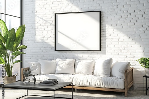 Modern Living Room with Blank Frame, Mockup photo