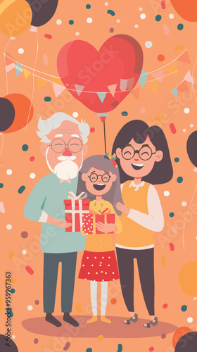 Joyful Grandparents Giving a Birthday Gift to Their Granddaughter in a Family Celebration