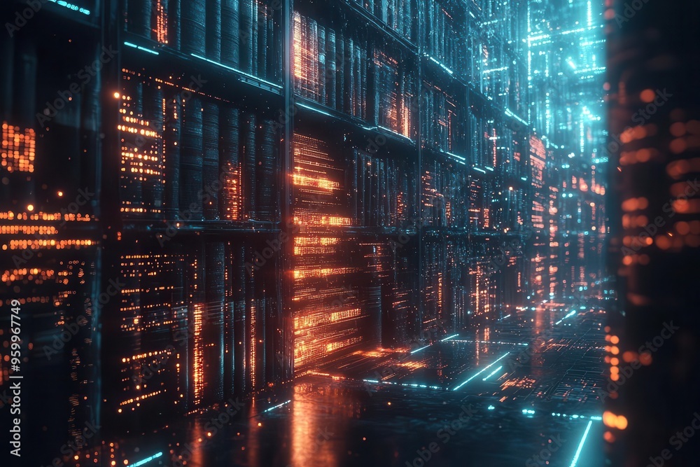 Obraz premium futuristic digital library interface holographic book spines float in virtual space glowing data streams connect tomes