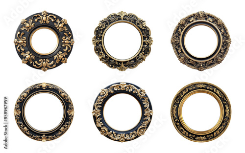 a round ornate vintage gold and black frame isolated on a transparent or white background, cut-out, PNG