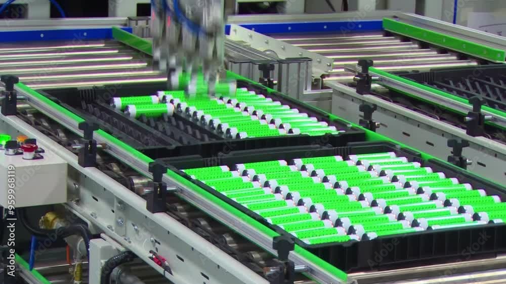 Real shot of fully mechanized automation production of new energy dry batteries lithium-ion, accumulator tables cell modules, mass product battery high power, alternative Renewable electric vehicles