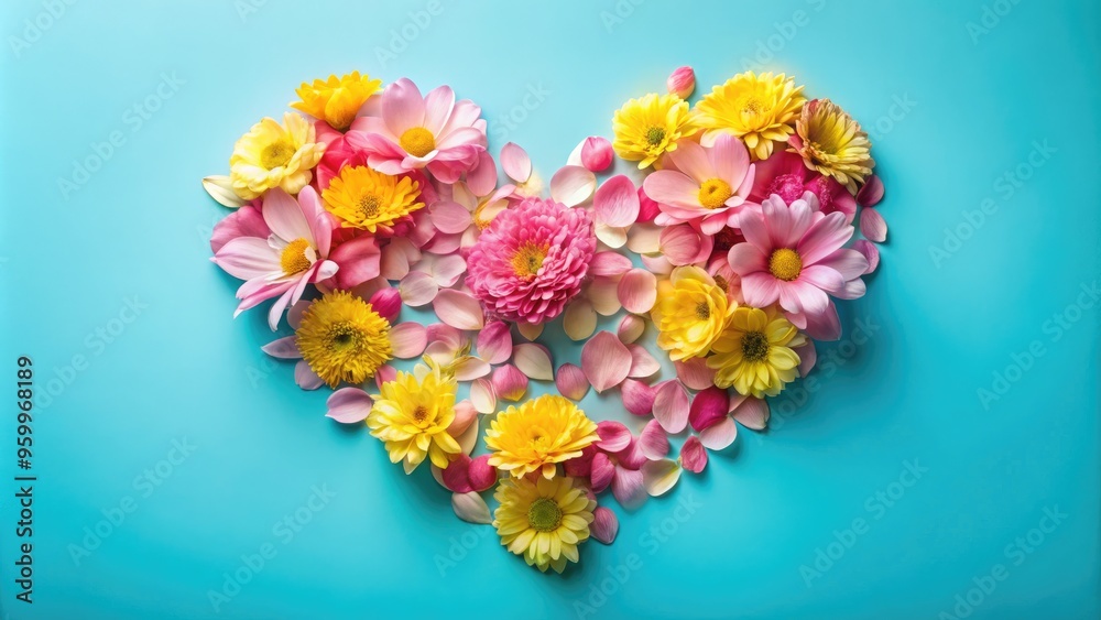 Delicate pink and yellow petals meticulously arranged to form a stunning heart shape, symbolizing love, tenderness, and appreciation, set against a soft, serene blue background. Delicate pink and yellow petals meticulously arranged to form a stunning heart shape, symbolizing love, tenderness, and appreciation, set against a soft, serene blue background.
