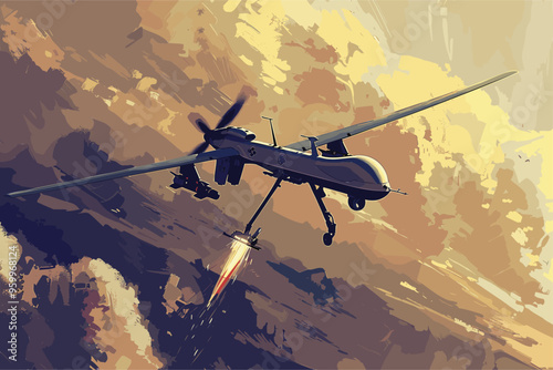 Military drone with missile delivering airstrike, depicting warfare and new technologies photo