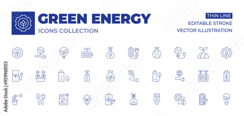 Green energy icons collection. Thin Line icons, editable stroke. smartphone, biomass, eco battery, solar power, wire, bio, light bulb, electricity, battery, tube, saving