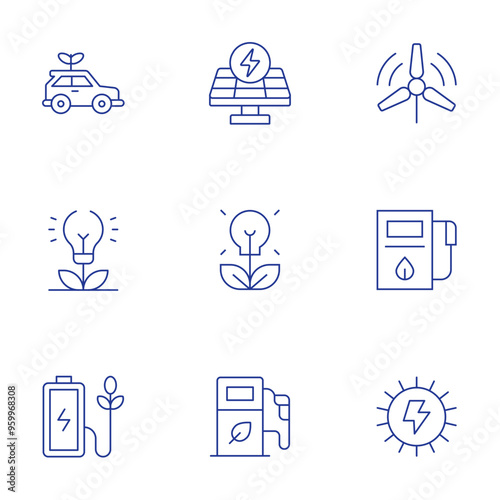 Green energy icons set. Thin Line style, editable stroke. eco battery, bio, bio energy, green car, solar energy, green energy, wind turbine, gas station
