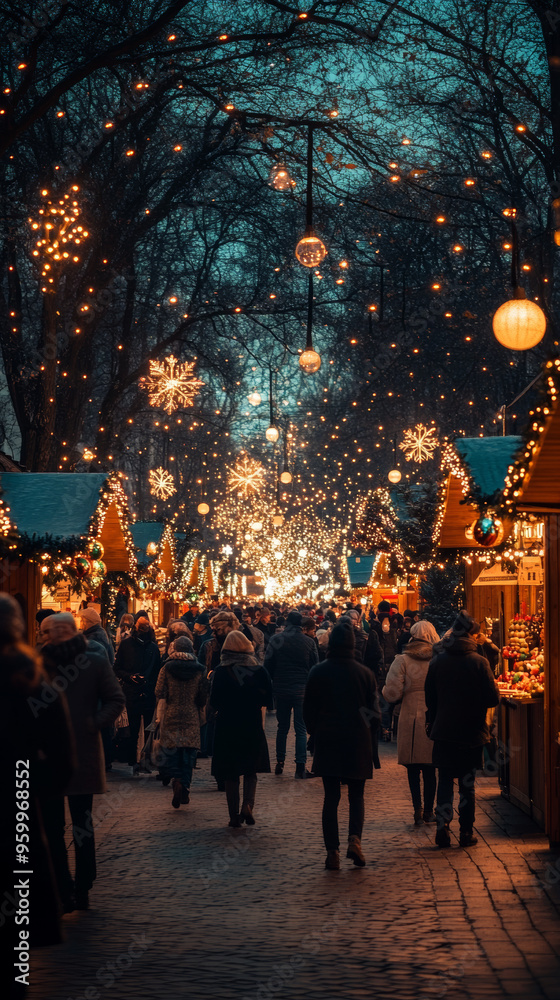 Crowds stroll through a festive Christmas market, illuminated by twinkling lights.