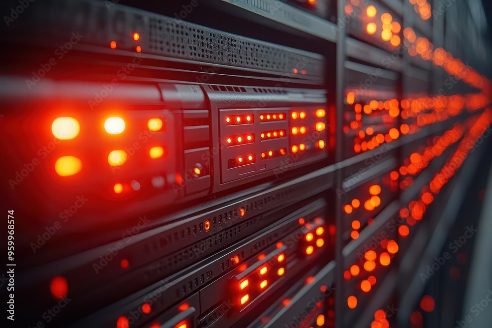futuristic server rack bathed in ominous red light closeup details of sleek hardware emphasize cybersecurity and data protection in a hightech shadowy environment futuristic server rack bathed in ominous red light closeup details of sleek hardware emphasize cybersecurity and data protection in a hightech shadowy environment