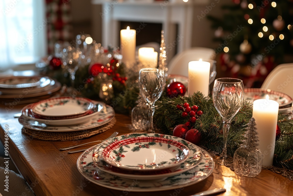 A festive dining table set for Christmas dinner, with candles, plates, and holiday decoration A festive dining table set for Christmas dinner, with candles, plates, and holiday decoration