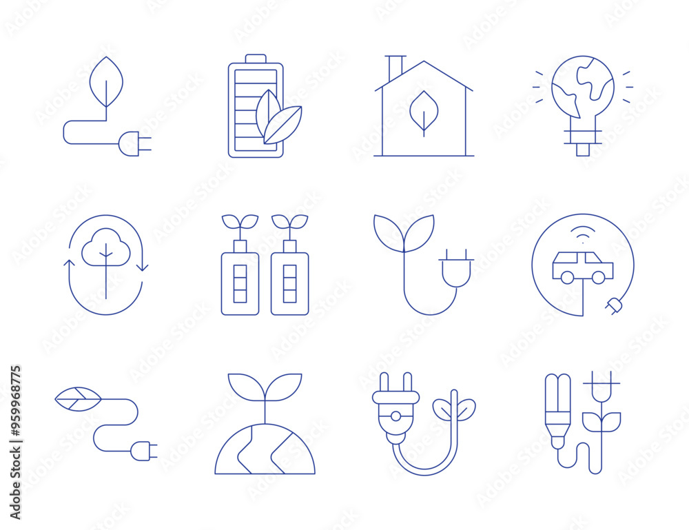 Green energy icons. Thin Line style, editable stroke. ecology, battery, eco battery, green energy, biomass energy, electric car, green house, eco energy Green energy icons. Thin Line style, editable stroke. ecology, battery, eco battery, green energy, biomass energy, electric car, green house, eco energy