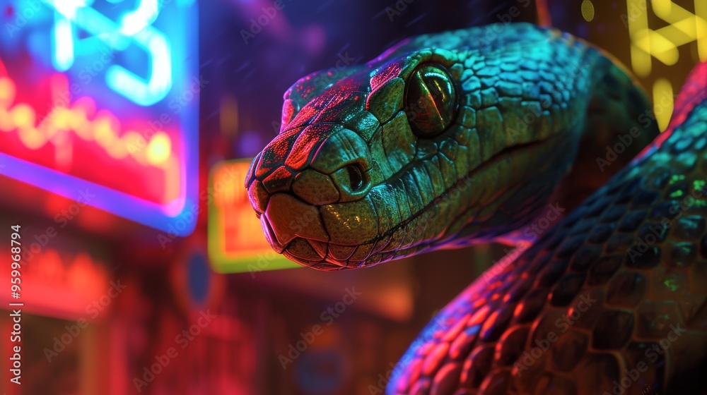 A close-up shot of a snake wrapped in vibrant neon city lights, highlighting its textured scales and intense eyes. The colorful and blurred background creates a captivating cyberpunk ambiance, ideal A close-up shot of a snake wrapped in vibrant neon city lights, highlighting its textured scales and intense eyes. The colorful and blurred background creates a captivating cyberpunk ambiance, ideal
