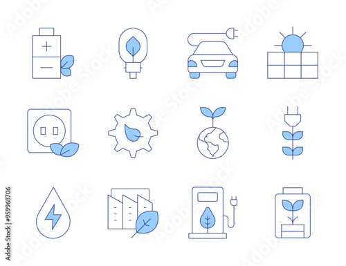 Green energy icons. Line Duotone style, editable stroke. plant, plug, hydraulic energy, green energy, eco battery, sustainable energy, eco factory, socket