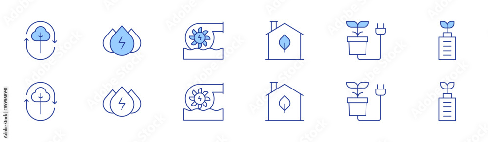 Green energy icon set in two styles, Duotone and Thin Line style. Editable stroke. biomass energy, green house, hydraulic energy, energy, hydro power, eco battery Green energy icon set in two styles, Duotone and Thin Line style. Editable stroke. biomass energy, green house, hydraulic energy, energy, hydro power, eco battery