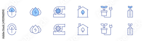 Green energy icon set in two styles, Duotone and Thin Line style. Editable stroke. biomass energy, green house, hydraulic energy, energy, hydro power, eco battery