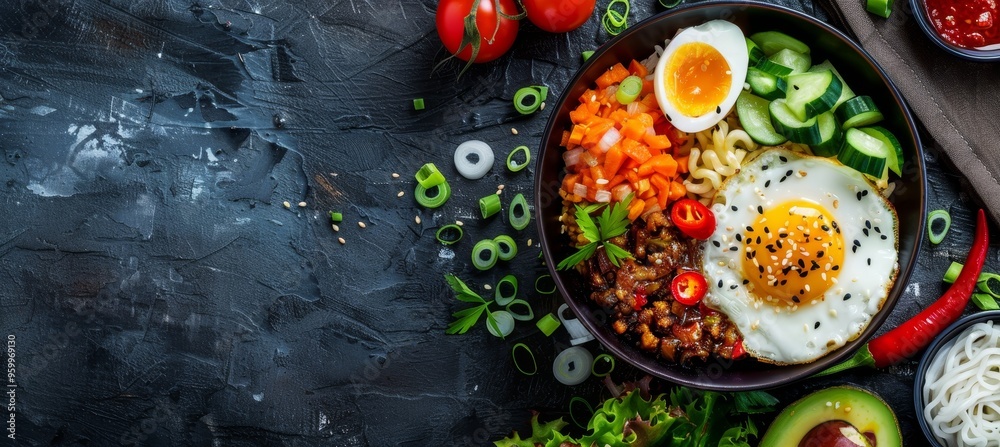 Top view of a Buddha bowl with fried egg, fresh vegetables, noodles and meat. Balanced food concept.