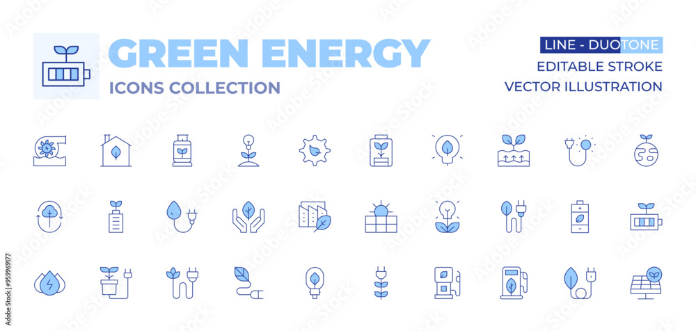 Green energy icons collection. Line Duotone style, editable stroke. eco, biomass energy, energy saving, water energy, hydraulic energy, green energy, energy, eco factory, eco battery, electricity Green energy icons collection. Line Duotone style, editable stroke. eco, biomass energy, energy saving, water energy, hydraulic energy, green energy, energy, eco factory, eco battery, electricity