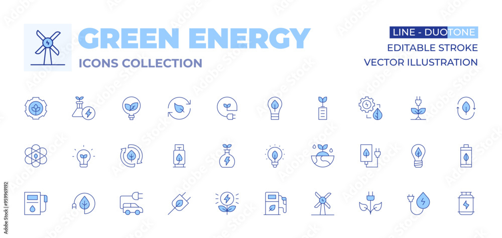 Green energy icons collection. Line Duotone style, editable stroke. gas station, energy saving, hydrogen, electric car, green energy, eco light, clean energy, plug, flask Green energy icons collection. Line Duotone style, editable stroke. gas station, energy saving, hydrogen, electric car, green energy, eco light, clean energy, plug, flask