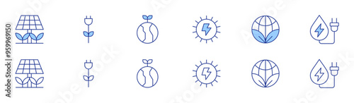 Green energy icon set in two styles, Duotone and Thin Line style. Editable stroke. solar panel, solar energy, plug, eco friendly, hydro power, earth