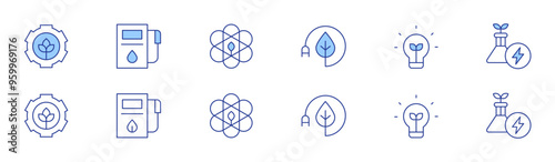Green energy icon set in two styles, Duotone and Thin Line style. Editable stroke. sustainability, gas station, energy saving, eco light, green energy