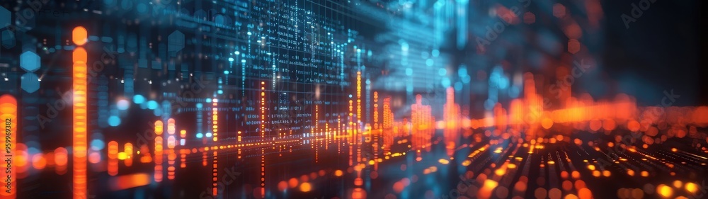 Abstract digital data and technology background with glowing lines and dots representing futuristic analytics and data streams.