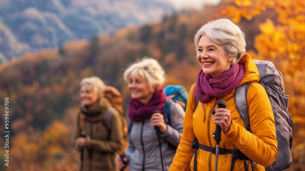 Elderly women hiking in autumn forest, vibrant fall foliage and adventure. Elderly women hiking in autumn forest, vibrant fall foliage and adventure.
