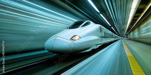 A motion blurred photo of a white bullet train speeding through a tunnel at night, its headlights piercing the darkness.