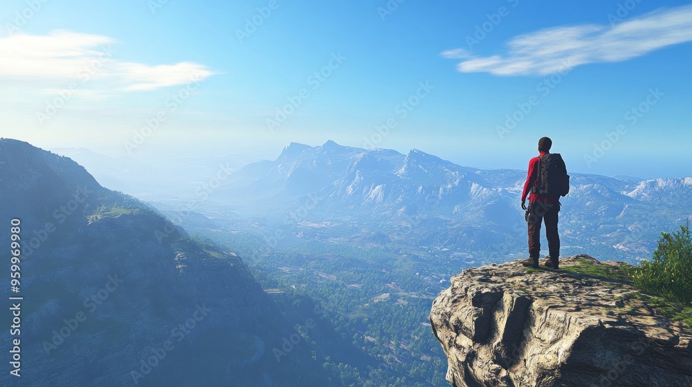 Lone Hiker Gazing at Majestic Mountain View Lone Hiker Gazing at Majestic Mountain View